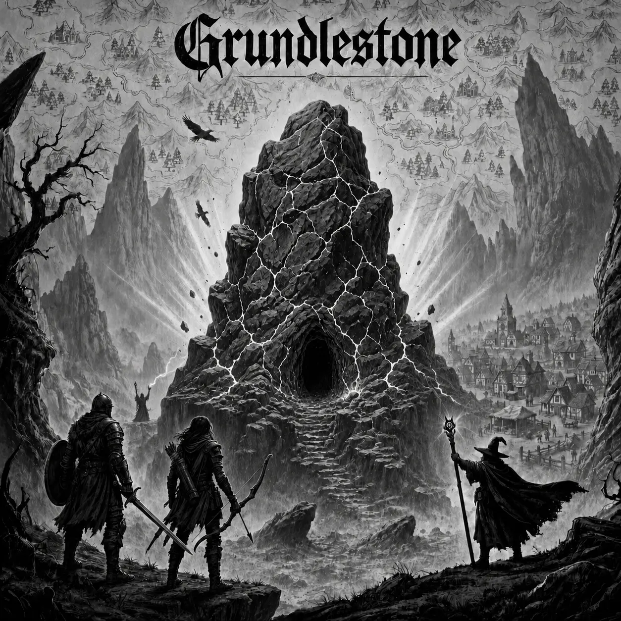 The Grundlestone rises outside Grundle as adventurers approach and a dark sorcerer commands the scene.